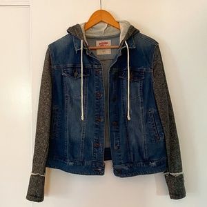 Denim Jean Jacket with Sweatshirt Sleeves and Hood